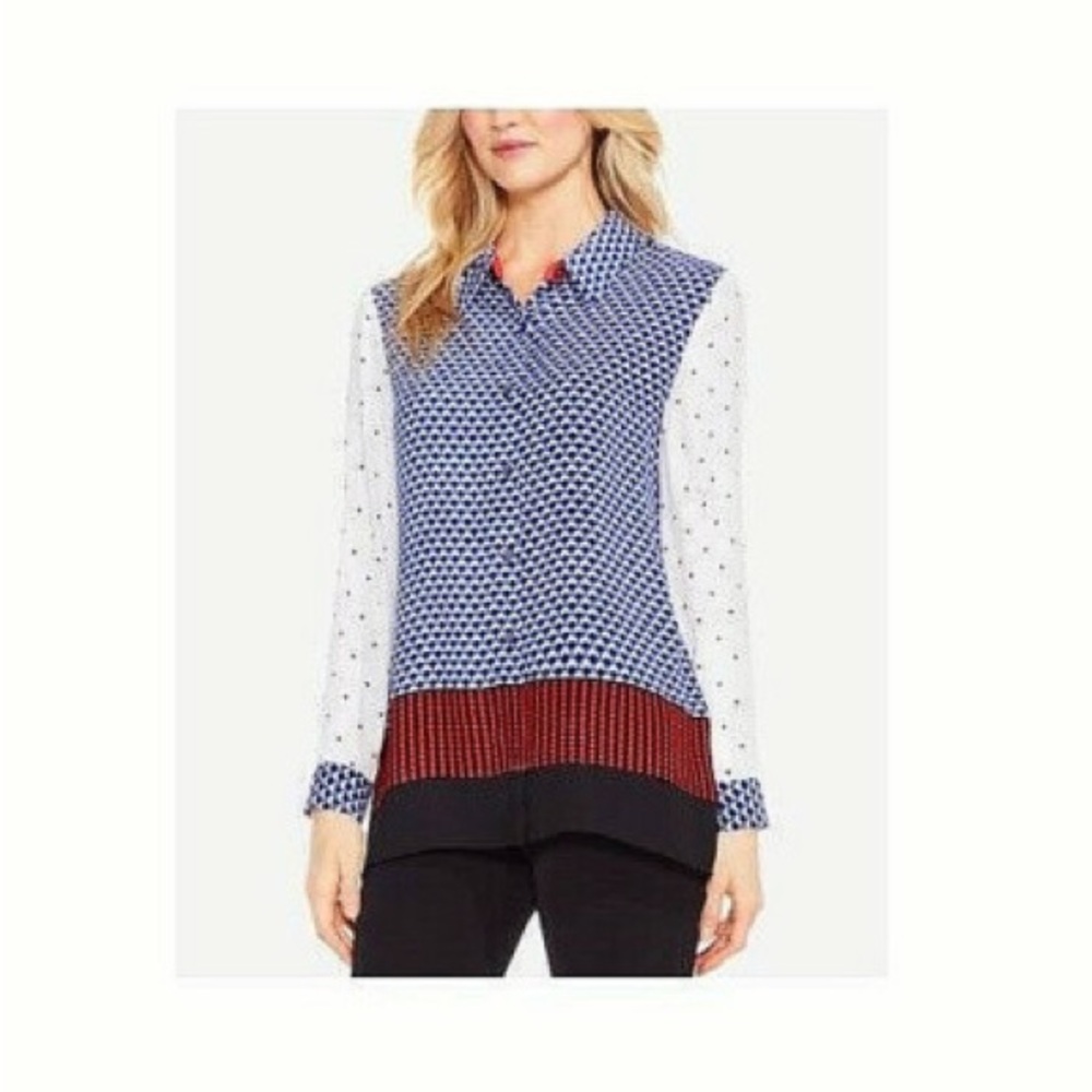 Vince Camuto Mixed-Print Button Down Blouse in Blue, White & Red